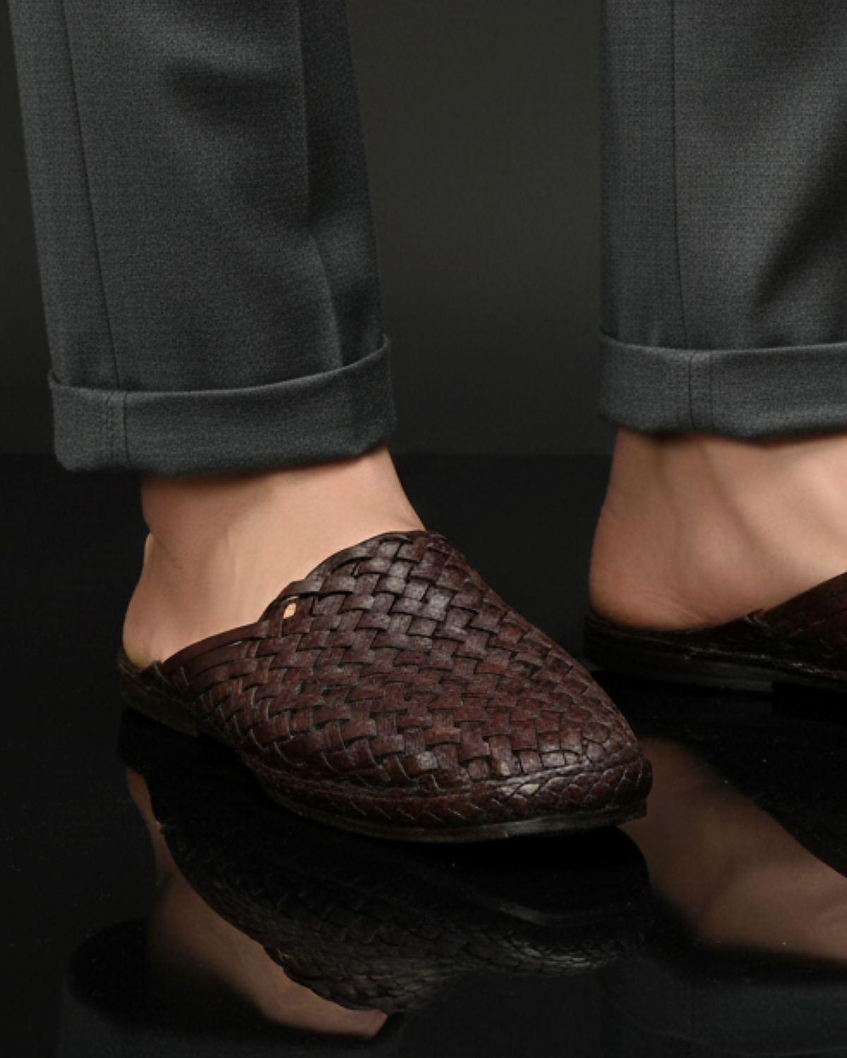 Half Chatai Bantu Mule worn, seen from the knee down