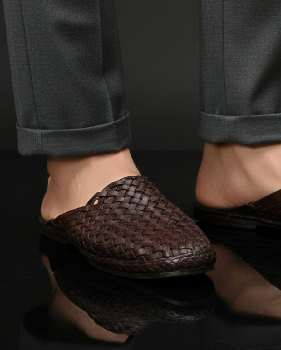 Half Chatai Bantu Mule in deep brown, worn with dark trousers