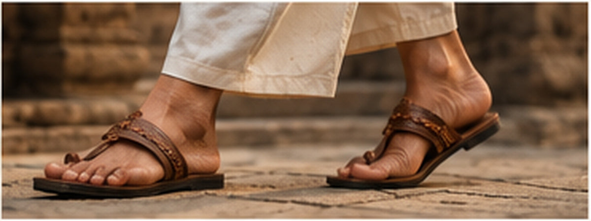 Feet in Kolhapuri chappals walking a dusty road at dusk