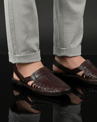 Wada in deep brown chatai weave, worn with grey trousers