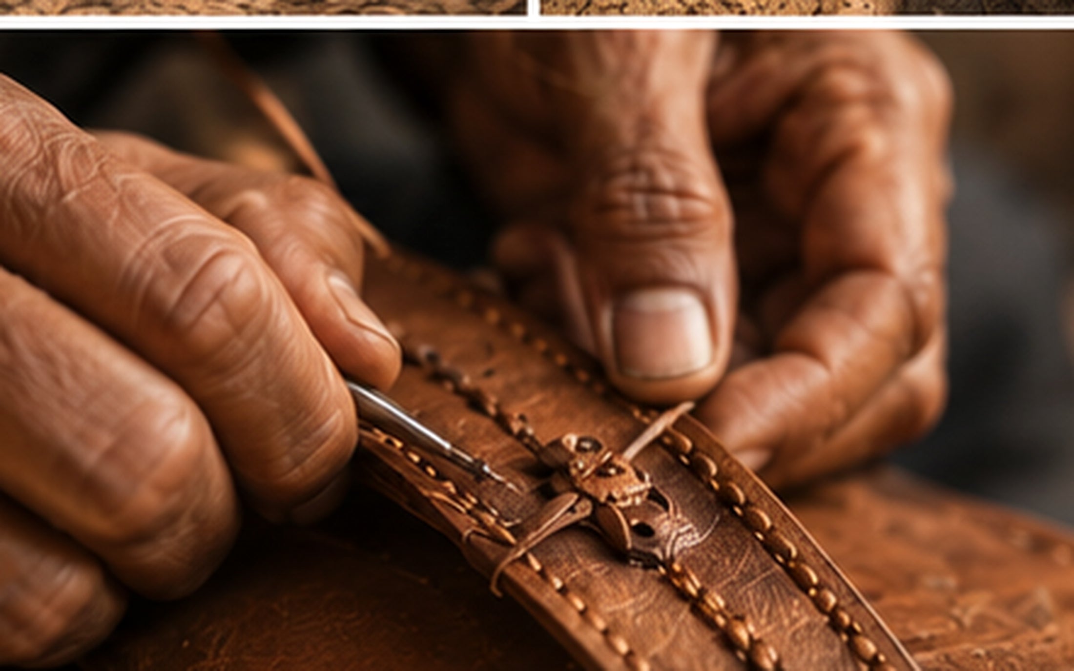 An artisan hand-stitching a leather Kolhapuri strap